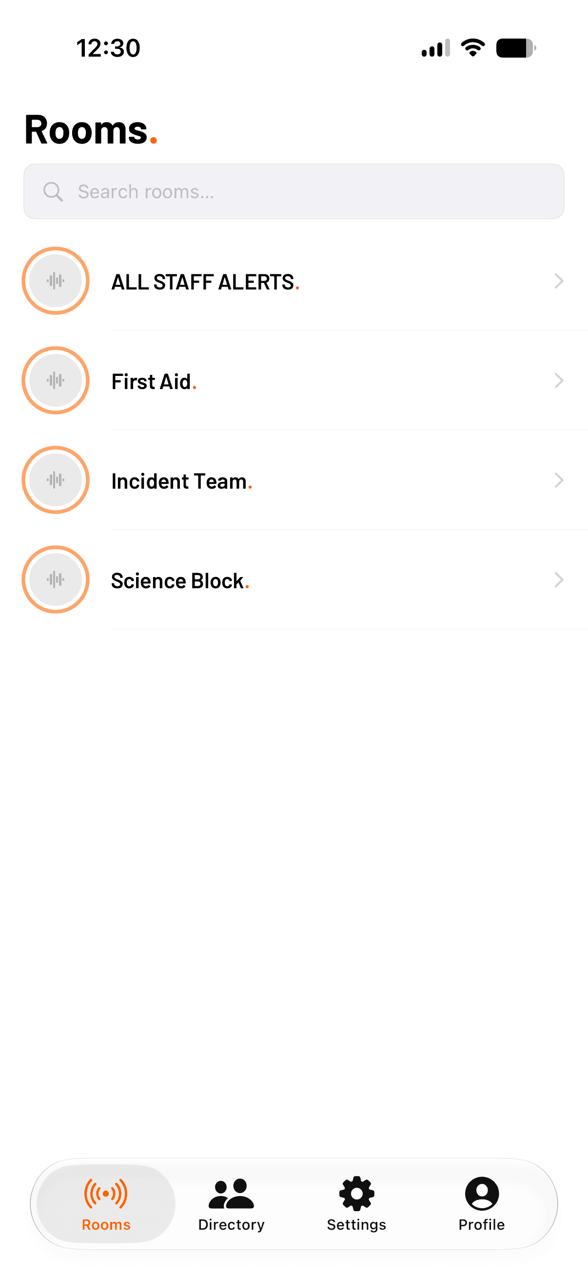 whoot. for iOS: the Rooms list, each room with its live status