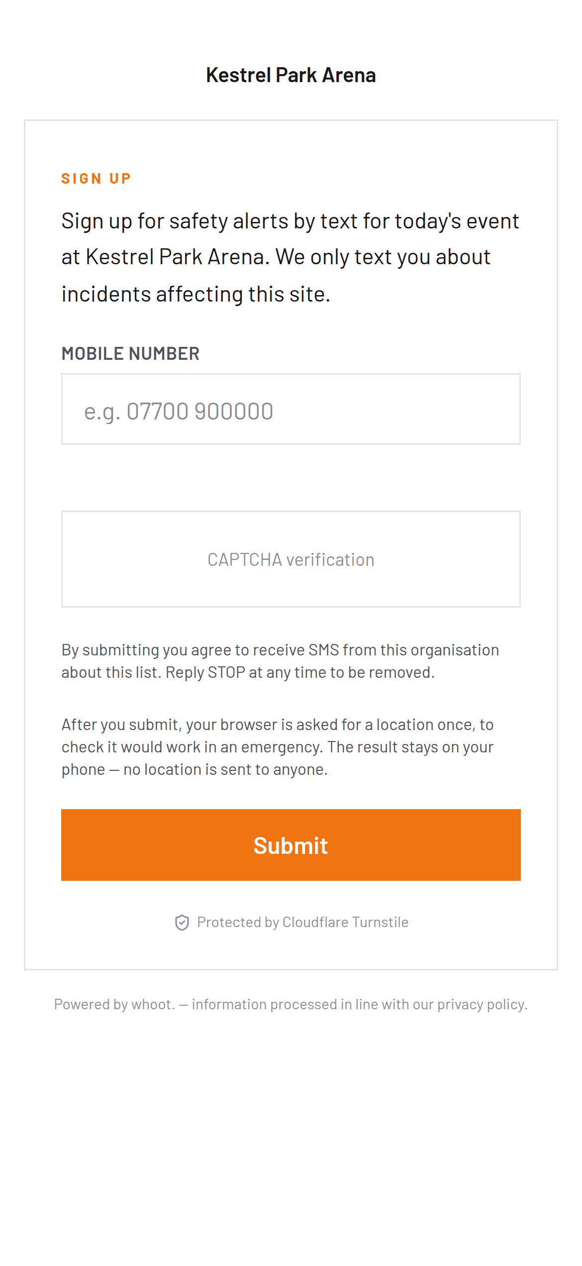 The whoot. public sign-up page for a demonstration event, Kestrel Park Arena: a mobile-number field and a Submit button under a short description of the alerts