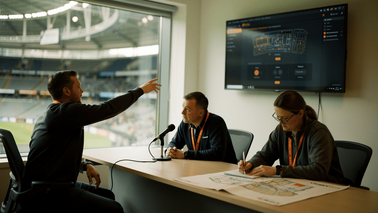 An event control room team briefing beside a wall screen overlooking an arena bowl