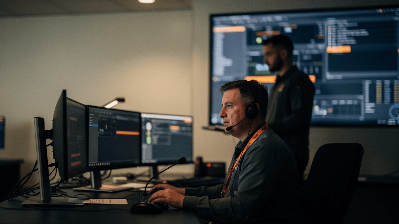 An operator in a headset working across dark dashboard monitors in a control room