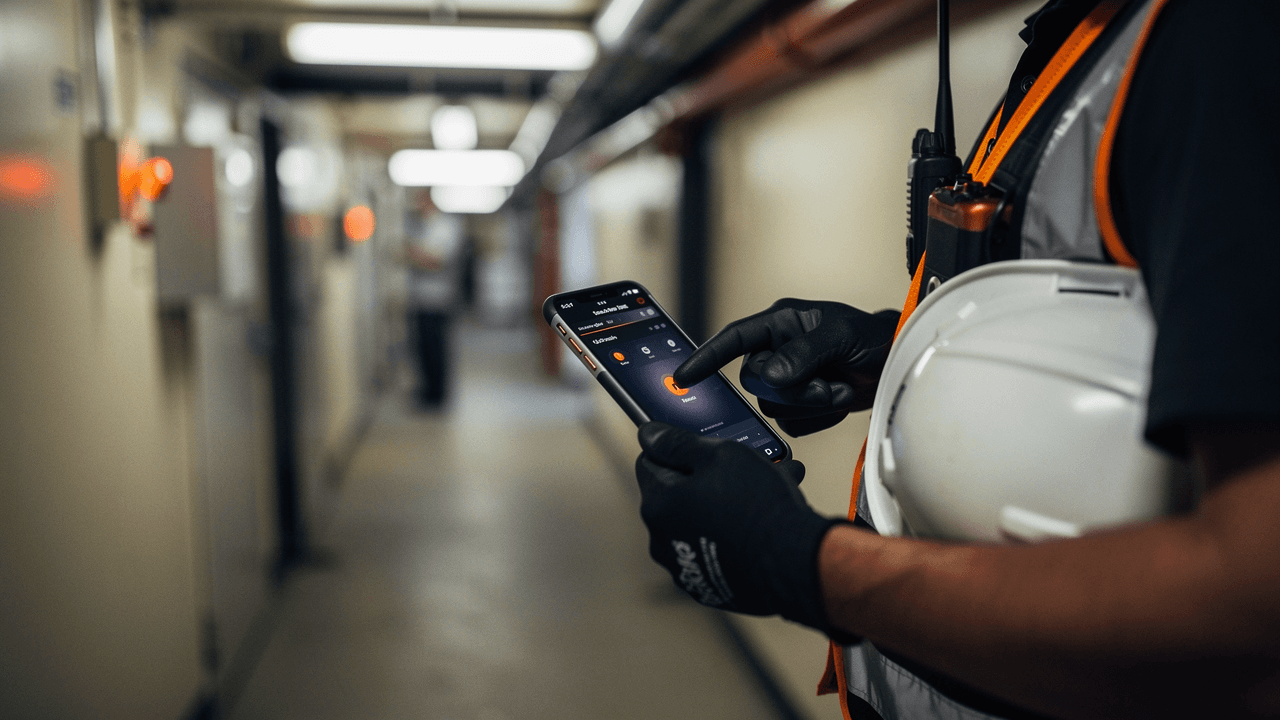 Gloved hands holding a phone in a service corridor, hard hat under one arm, about to declare an incident