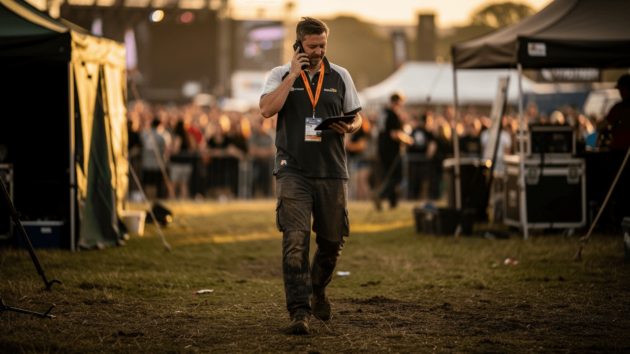 A festival operations manager walking between crew tents at golden hour, phone to ear and tablet in hand