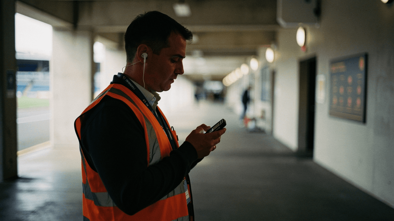 A steward in an orange hi-vis vest reading his phone on a stadium concourse