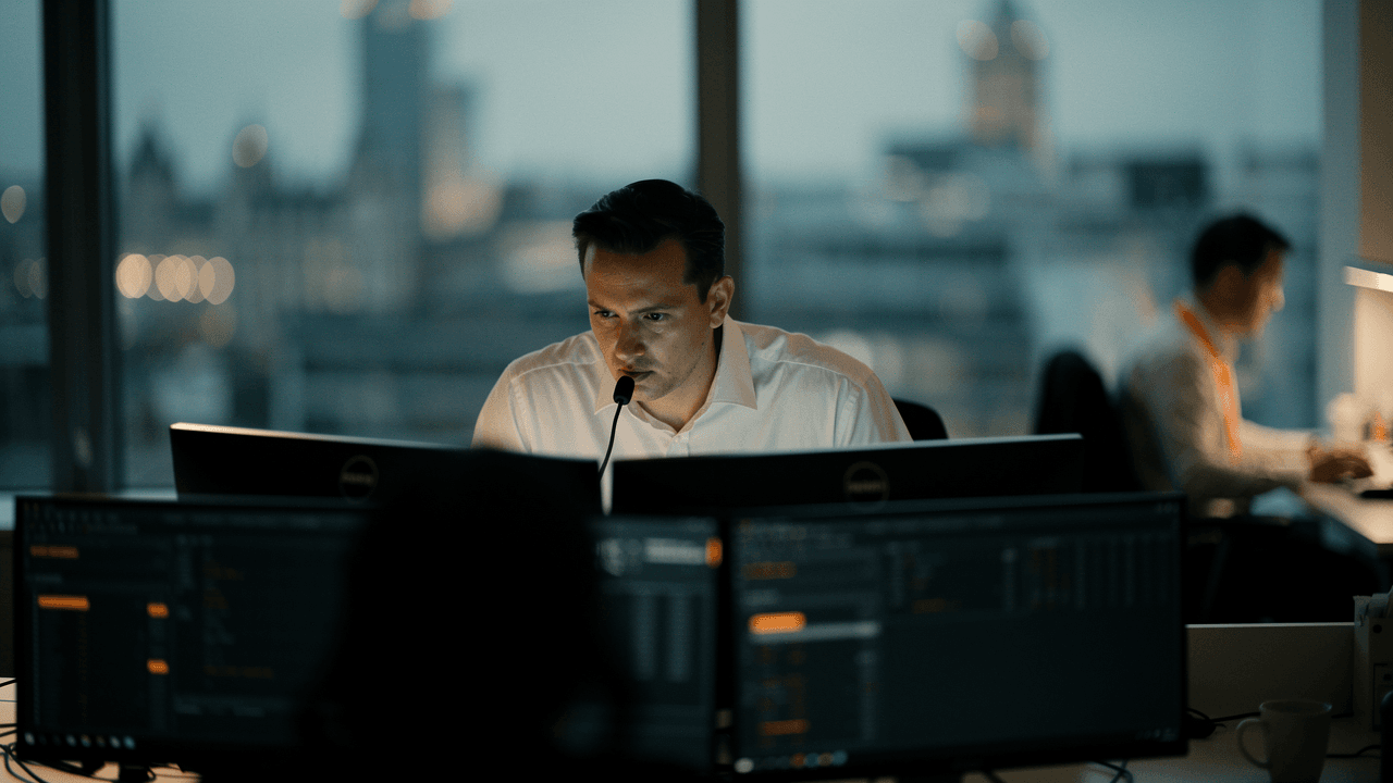 A trader speaking into a desk microphone between twin monitors at dusk